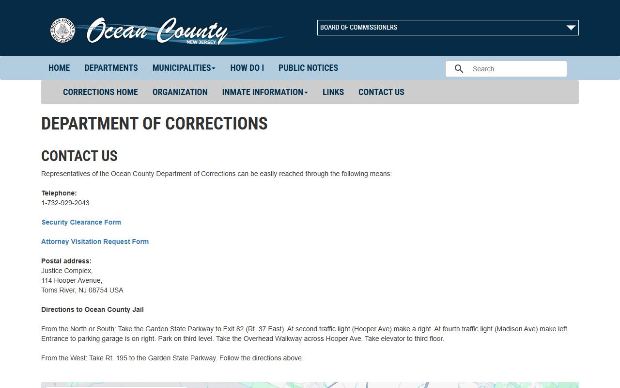 Ocean County Department of Corrections contact page for the Ocean County Jail