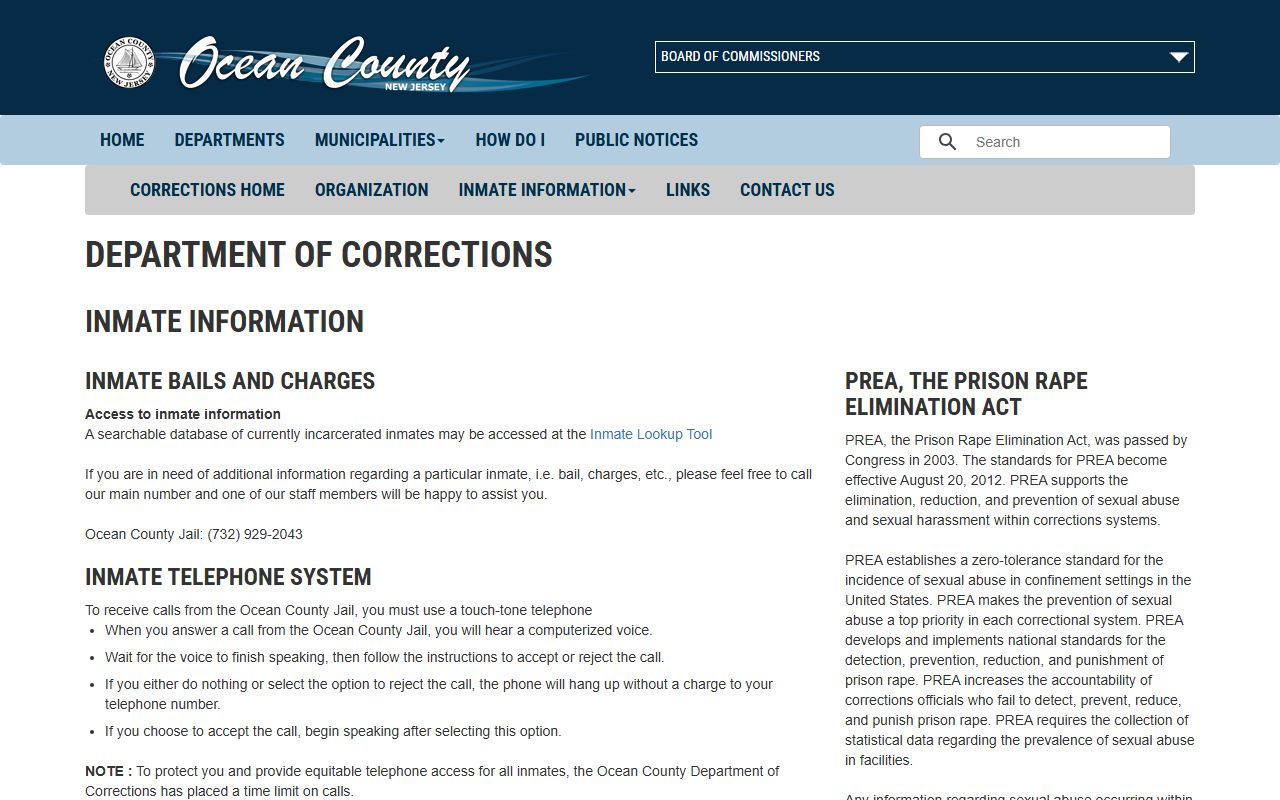 Ocean County inmate information page for jail records and custody search